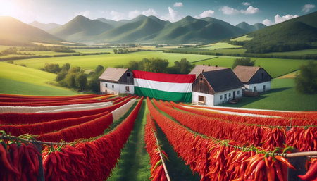 A Hungarian flag in paprika agriculture, Ai generated imageの写真素材