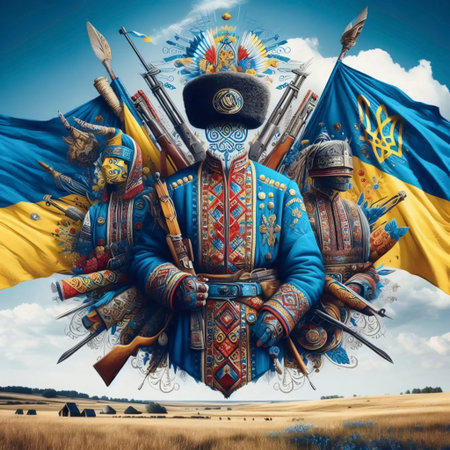 A Ukrainian flag in Cossack heritage symbols, Ai generated imageの写真素材