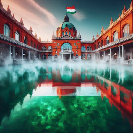 A Hungarian flag in thermal spa culture, Ai generated imageの写真素材