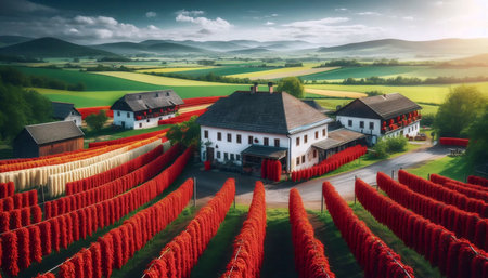 A Hungarian flag in paprika agriculture, Ai generated imageの写真素材