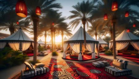 A UAE flag in desert luxury camp, Ai generated imageの写真素材