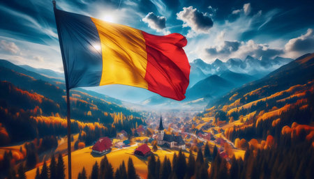 A Romanian flag in Carpathian mountain landscape, Ai generated imageの写真素材