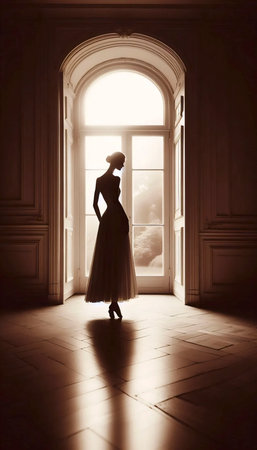A sepia tone waiting woman silhouette, Ai generated imageの写真素材