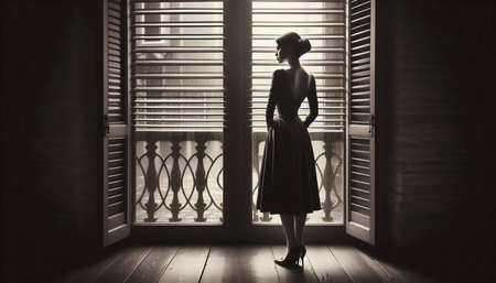 A vintage lady waiting by window print, Ai generated imageの写真素材