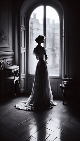 A vintage lady waiting by window print, Ai generated imageの写真素材