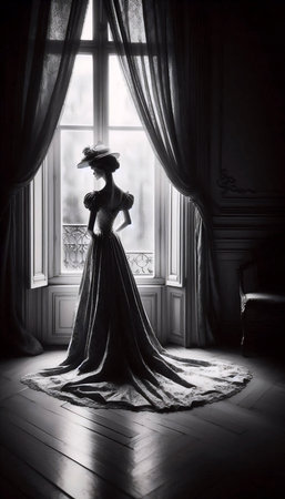 A vintage lady waiting by window print, Ai generated imageの写真素材