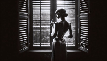 A vintage lady waiting by window print, Ai generated imageの写真素材