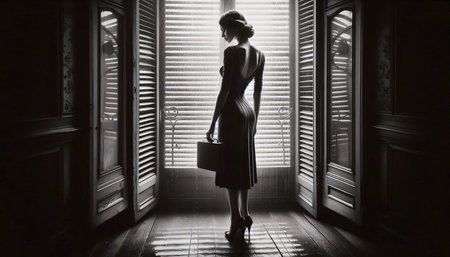 A vintage lady waiting by window print, Ai generated image