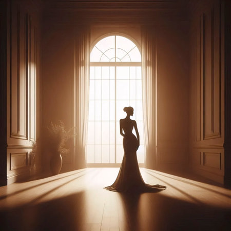 A sepia tone waiting woman silhouetteの写真素材