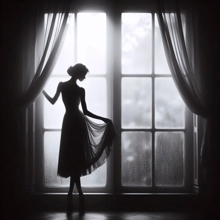 A vintage lady waiting by window print, Ai generated imageの写真素材