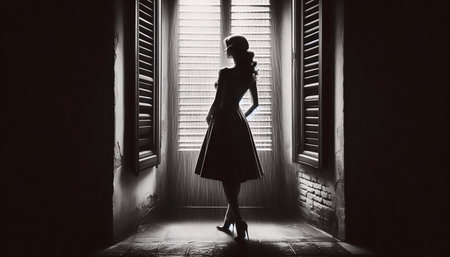 A vintage lady waiting by window printの写真素材