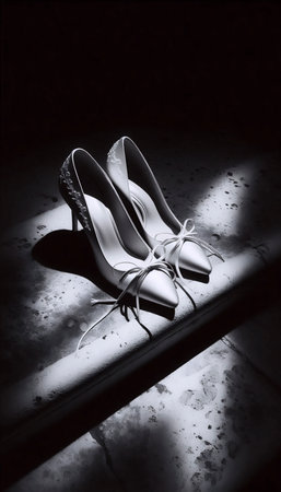 A high contrast bride's shoes waitingの写真素材