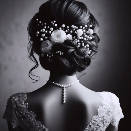 A vintage brides back with intricate hairstyle, Ai generated image