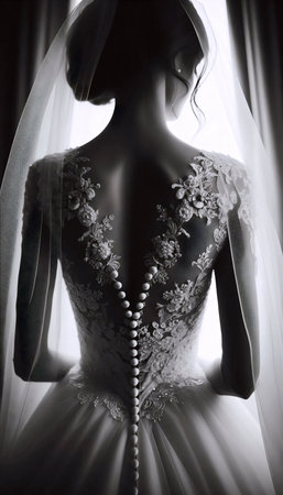 A vintage bride from behind in lace dress