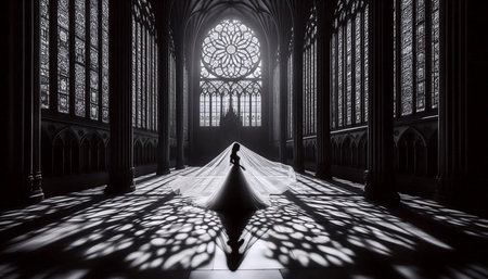 A vintage bride silhouette against cathedral windows, Ai generated image