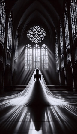 A vintage bride silhouette against cathedral windows, Ai generated image
