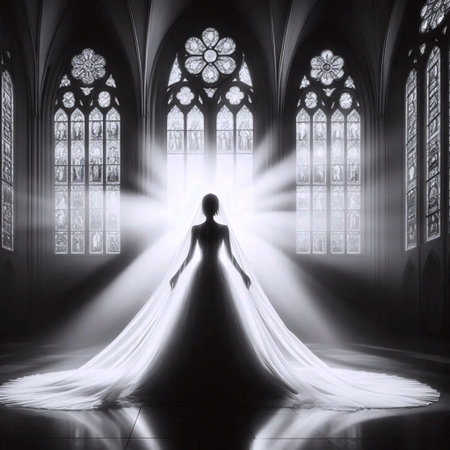 A vintage bride silhouette against cathedral windows, Ai generated image