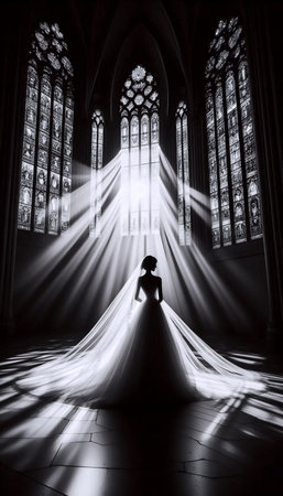 A vintage bride silhouette against cathedral windowsの写真素材