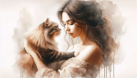 A cat and owner portrait art print, Ai generated imageの写真素材