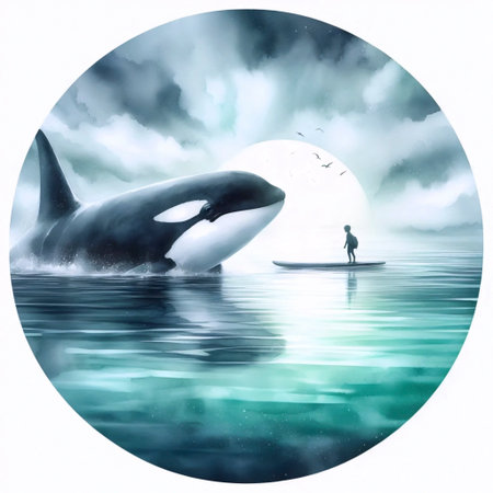 An orca whale and child watercolor print, Ai generated image