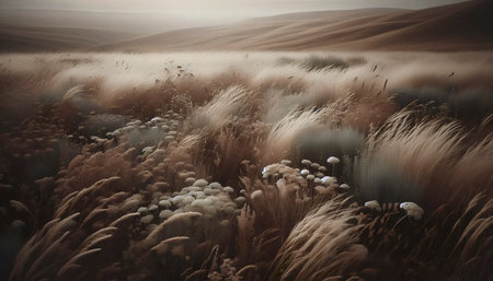 A soft textured meadow landscape painting on canvas, Ai generated imageの写真素材