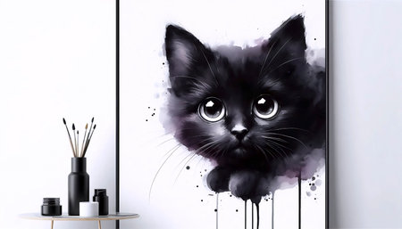 A minimalist Pretty Please black cat print, Ai generated imageの写真素材