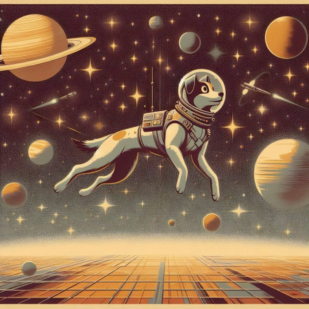A vintage-style Laika in space canvas print, Ai generated image