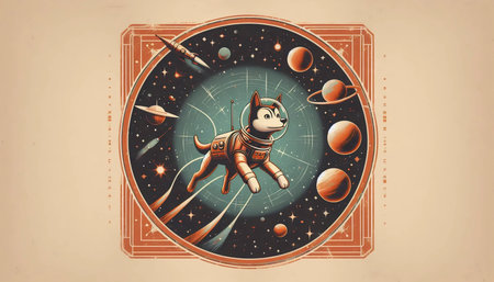 A vintage-style Laika in space canvas print, Ai generated image