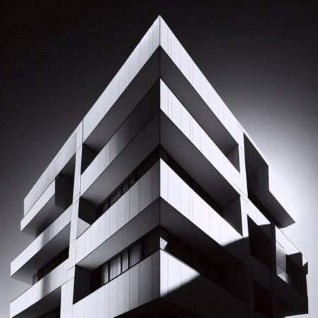 A black and white photographic print of mid-century modern architecture