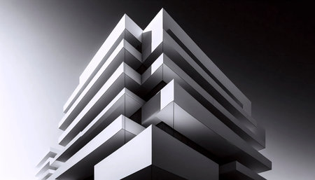 A black and white photographic print of mid-century modern architecture