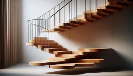 An architectural detail shot of a mid-century modern staircase