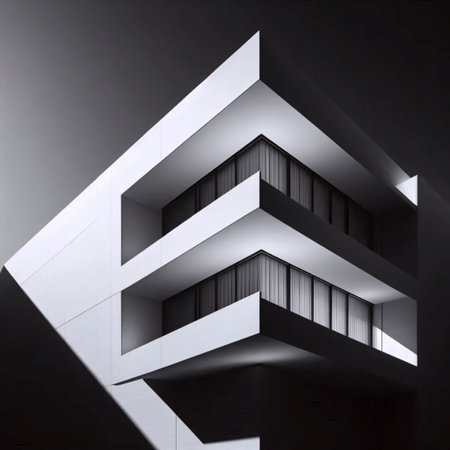 A black and white photographic print of mid-century modern architecture