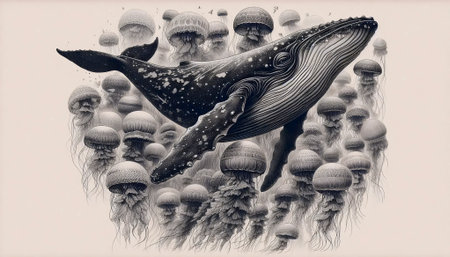 An engraved style whale and jellyfish art, Ai generated image