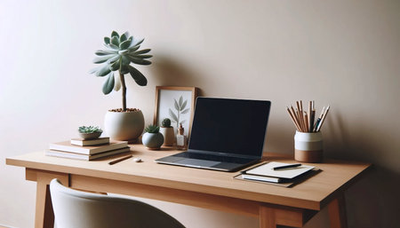 A minimalist neutral-toned workspace, Ai generated imageの写真素材
