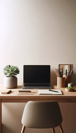 A minimalist neutral-toned workspace, Ai generated image