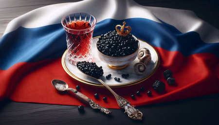 A Russian flag in black caviar luxury, Ai generated imageの写真素材
