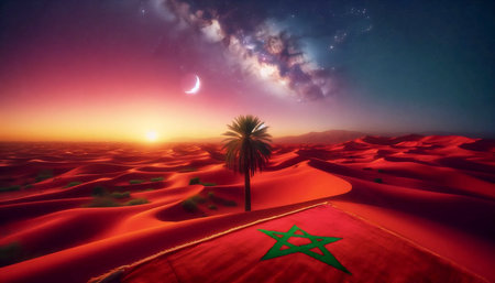 A Moroccan flag in Sahara desert dunes and night sky, Ai generated imageの写真素材