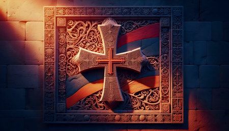 An Armenian flag in intricate stone cross-stones khachkars, Ai generated imageの写真素材