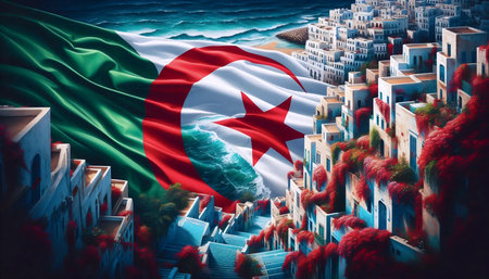 An Algerian flag in Mediterranean coast and Casbah architecture, Ai generated imageの写真素材