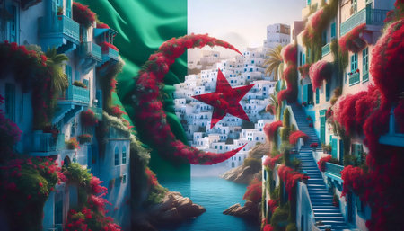 An Algerian flag in Mediterranean coast and Casbah architecture, Ai generated imageの写真素材