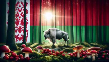 A Belarusian flag in primeval forest and bison reserve, Ai generated imageの写真素材