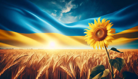 A Ukrainian flag in golden wheat fields and sky, Ai generated imageの写真素材