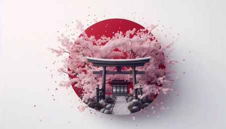 A Japanese flag in cherry blossom sakura spring festival, Ai generated imageの写真素材