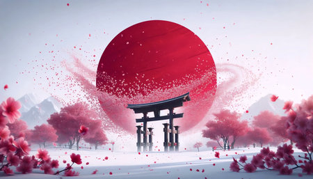 A Japanese flag in cherry blossom sakura spring festival, Ai generated imageの写真素材