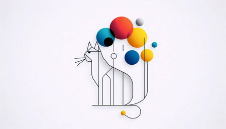 A minimalist geometric cat and balloon print, Ai generated imageの写真素材