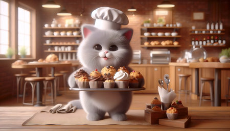 A 3D render of a cute cat baker character, Ai generated imageの写真素材