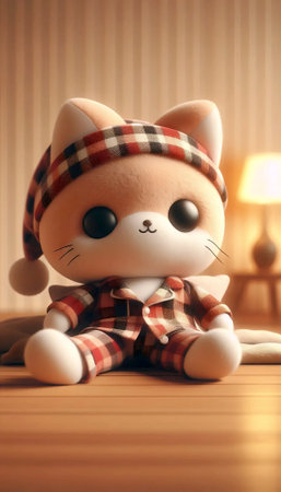 A 3D plush style cat in pajamas character, Ai generated imageの写真素材