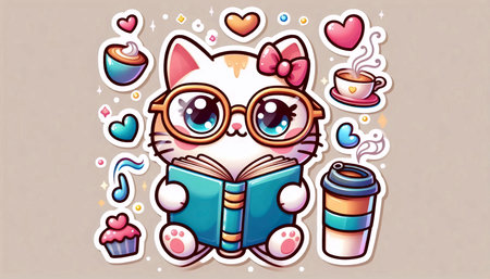 A scholarly cat with glasses and book illustration, Ai generated imageの写真素材