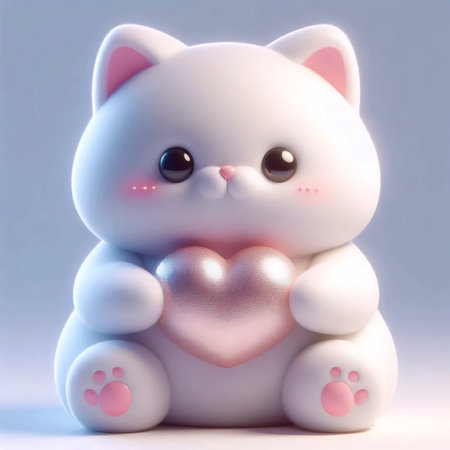 A 3D kawaii cat character holding a heart, Ai generated imageの写真素材