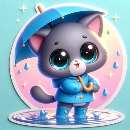 A 3D cute cat under umbrella sticker, Ai generated imageの写真素材